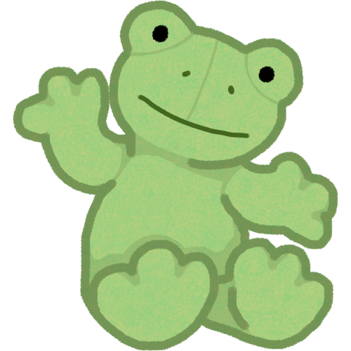 a green frog plush with a smile, 2 nostrils, 2 black eyes. its sitting and waving with its left hand